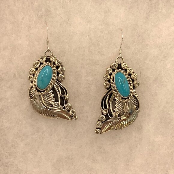 Navajo Sterling Silver 925 Turquoise Leaf or Feather Earrings A Martinez L804 - Picture 2 of 5